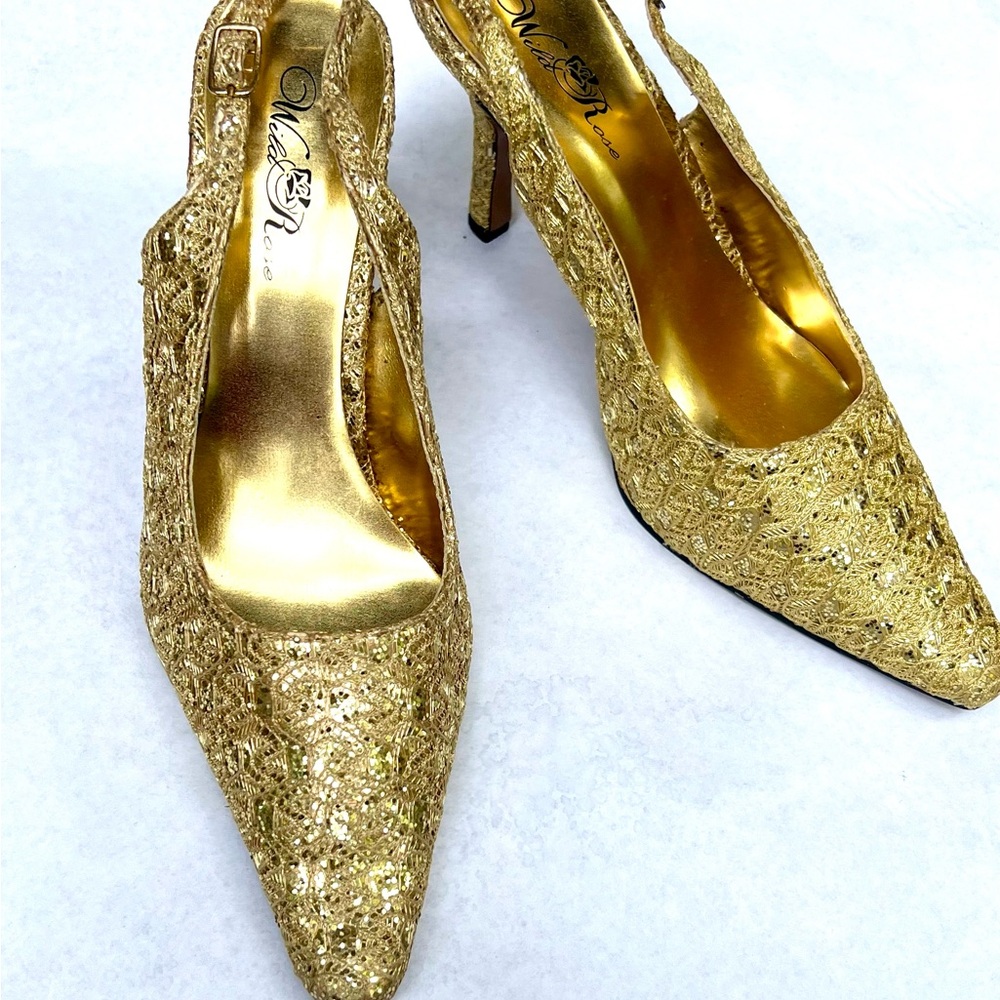 Wild Rose Gold Glitter Slingback Heels – Size 9 – Sparkly Lace Dress Pumps